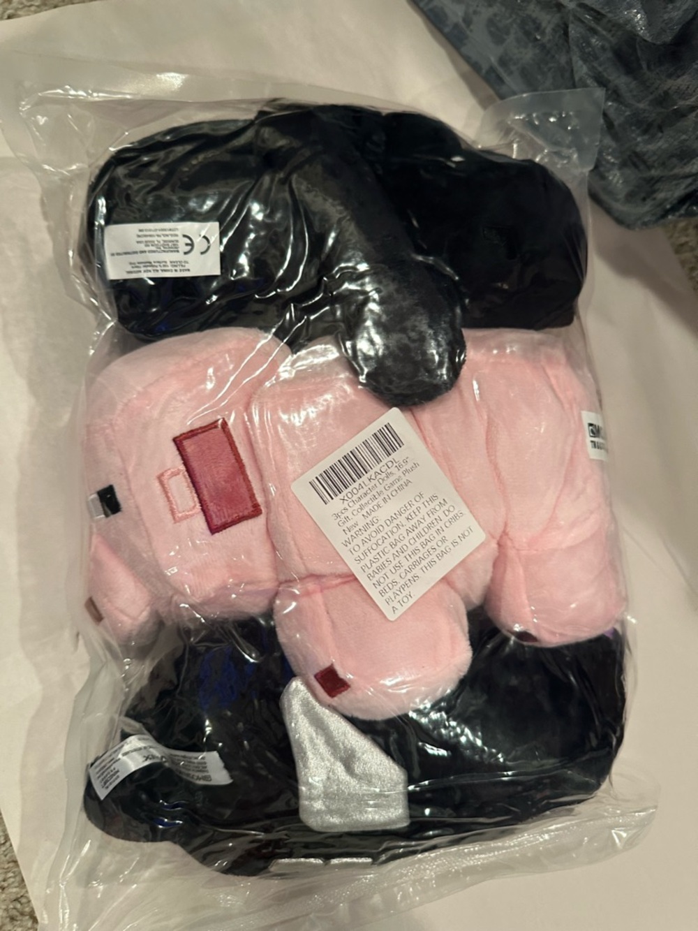 Minecraft 3 piece set of plushies, pig, enderman, and dragon.